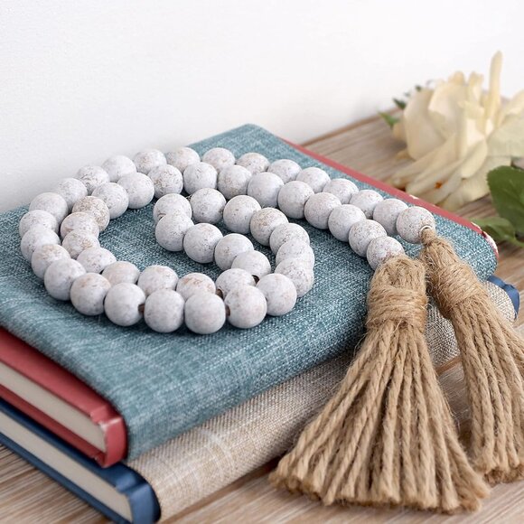 Wood Bead Garland Farmhouse Beads with Tassels,Farmhouse Tassel Garland Country - Picture 3 of 6